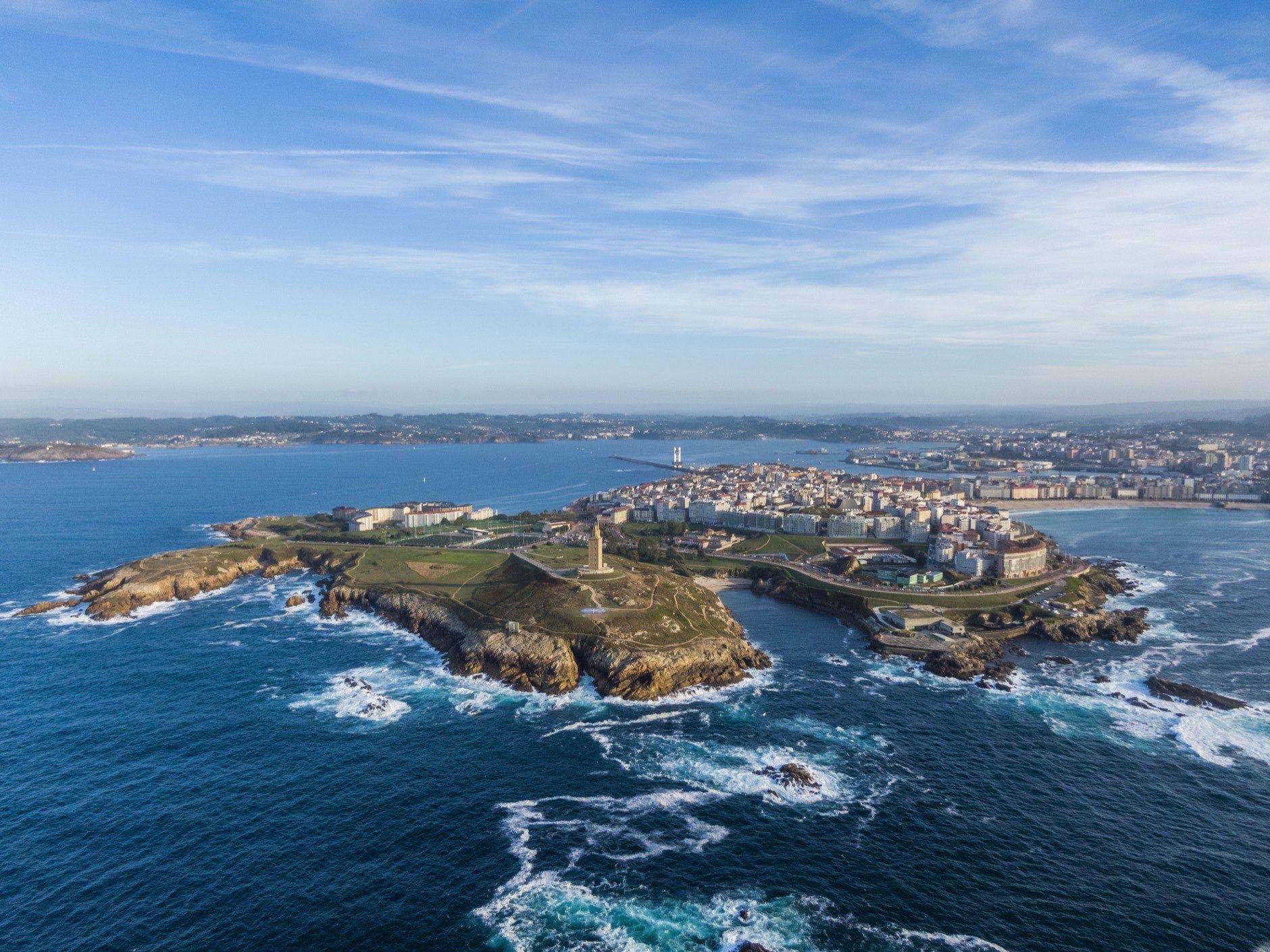 Aerial view of A Coruna coastal city and Hercules tower, Galicia, Spain