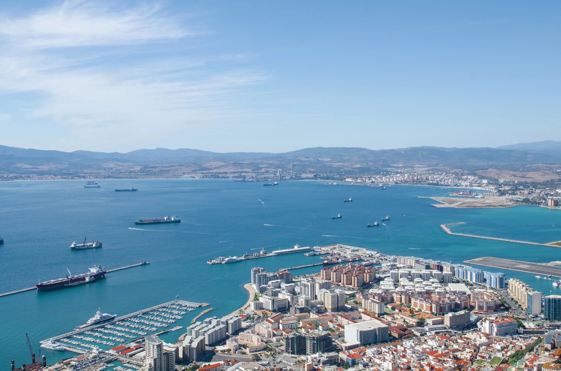 Overall view of Gibraltar city, Gibraltar Bay or Bay of Algeciras.