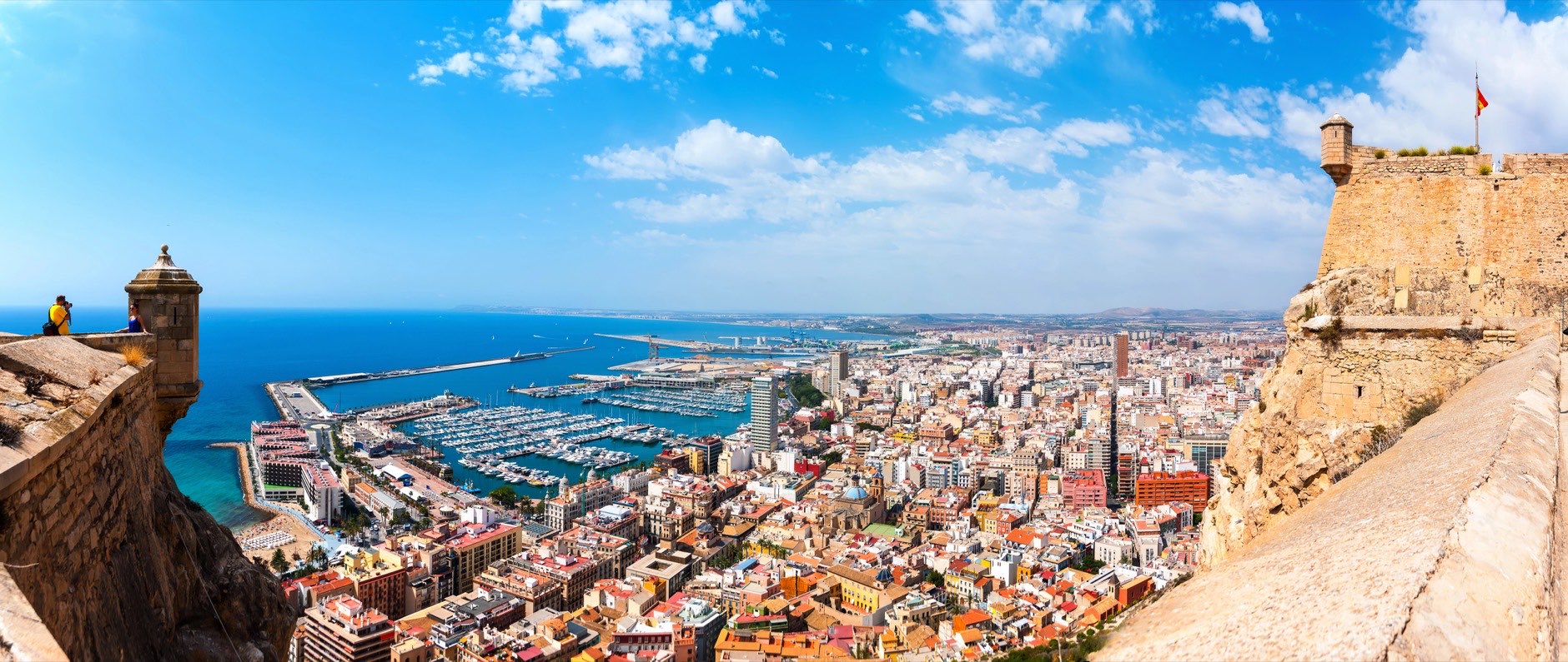Alicante Santa Barbara castle with panoramic aerial view at the famous touristic city in Costa Blanca, Spain