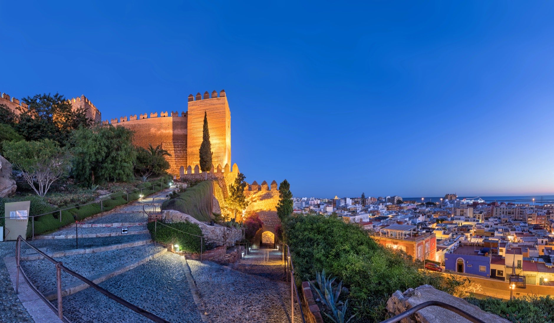 Panoramic view on city skyline and walls of Alcazaba fortress in Almeria, Andalusia, Spain