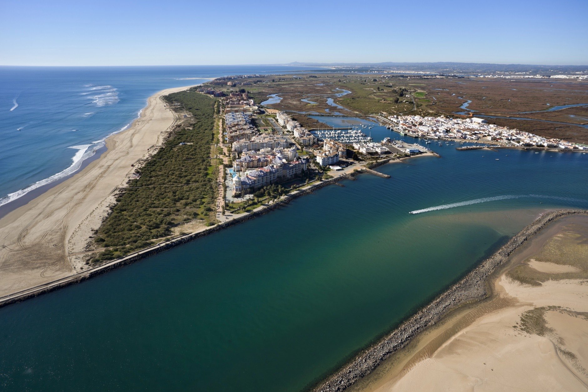 Aerial view of the beach of Isla Canela in Ayamonte, Huelva, Andalusia, Spain