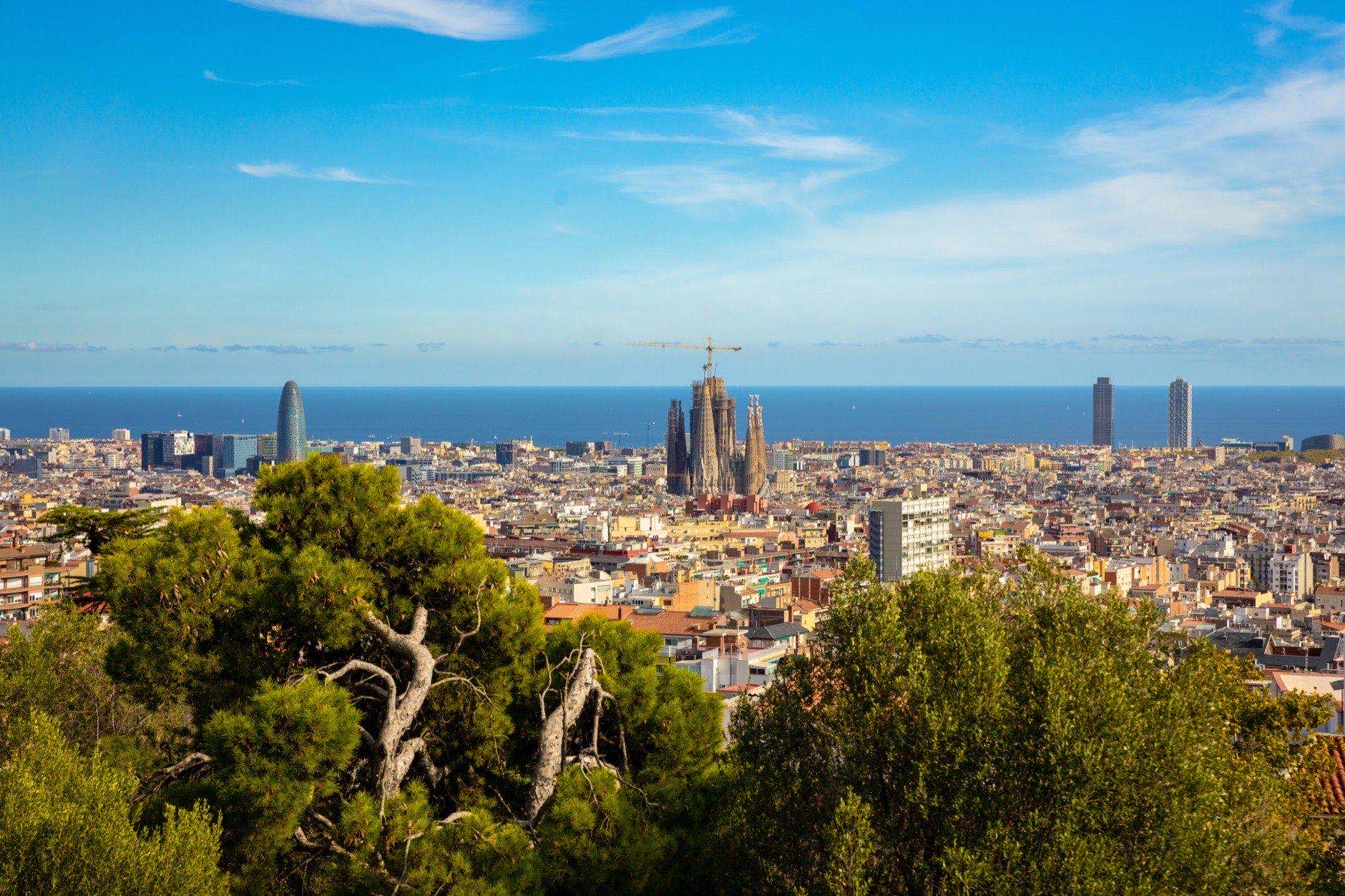 Barcelona, Spain, 03 October 23. The view of Barcelona from the Park of Guell, designed by the architect Antoni Gaudi. High quality photo
