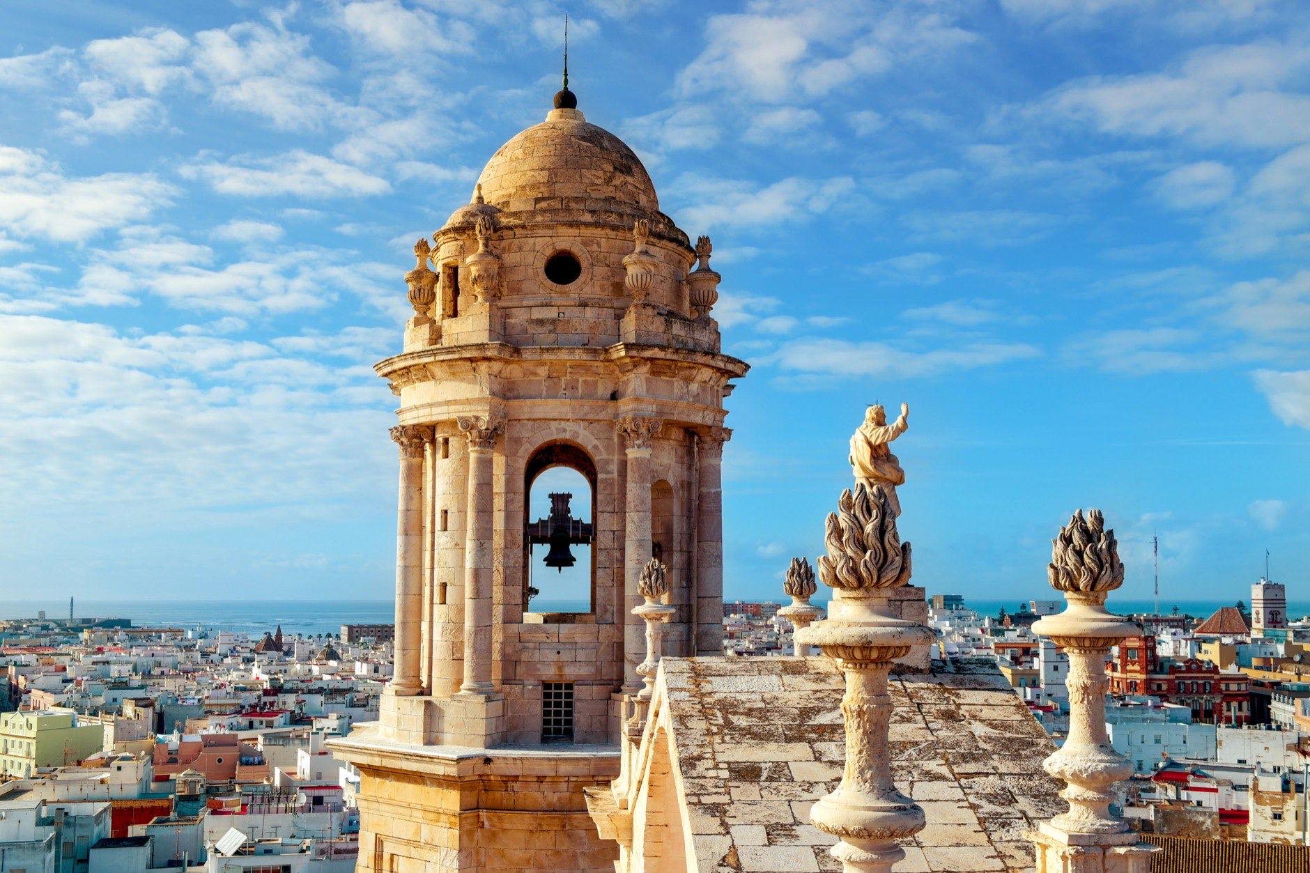 An aerial view of the roofs of Cadiz, Spain, from the belfry of its Cathedral