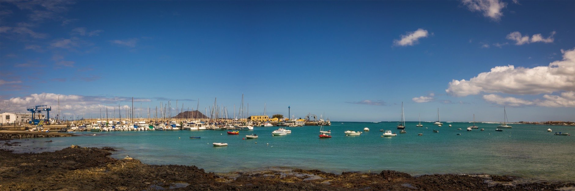 Panoramic view of the Corralejo harbour, Fuerteventura, Canary Islands, Spain. Picture taken 12 April 2016.