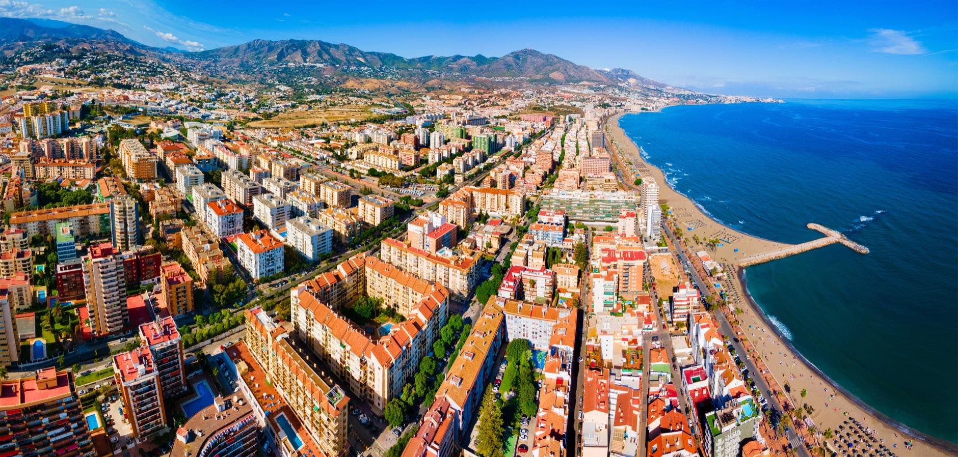 Fuengirola city beach and marina aerial panoramic view. Fuengirola is a city on the Costa del Sol in the province of Malaga in the Andalusia, Spain.
