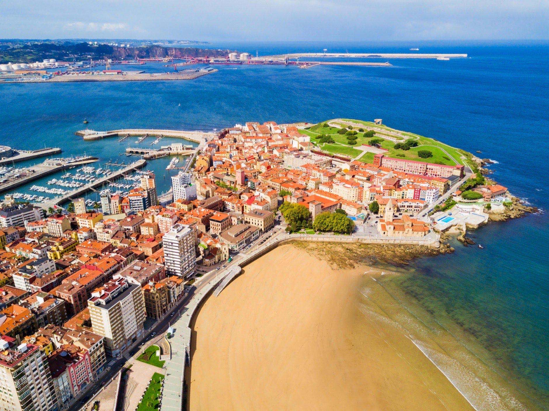 Gijon beach aerial view in the centre of Gijon city in Asturias, Spain