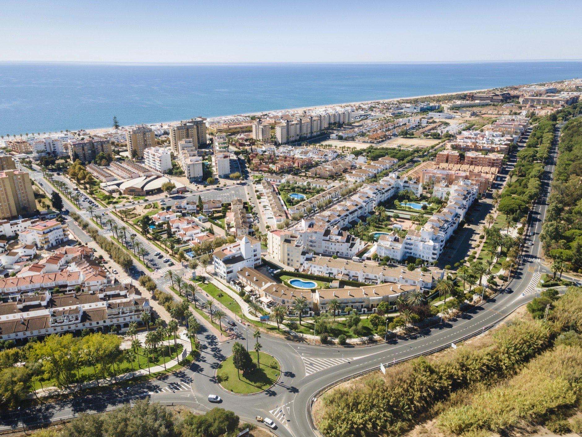 Aerial view of Islantilla, a seaside town full of resorts, Lepe, Huelva, Spain