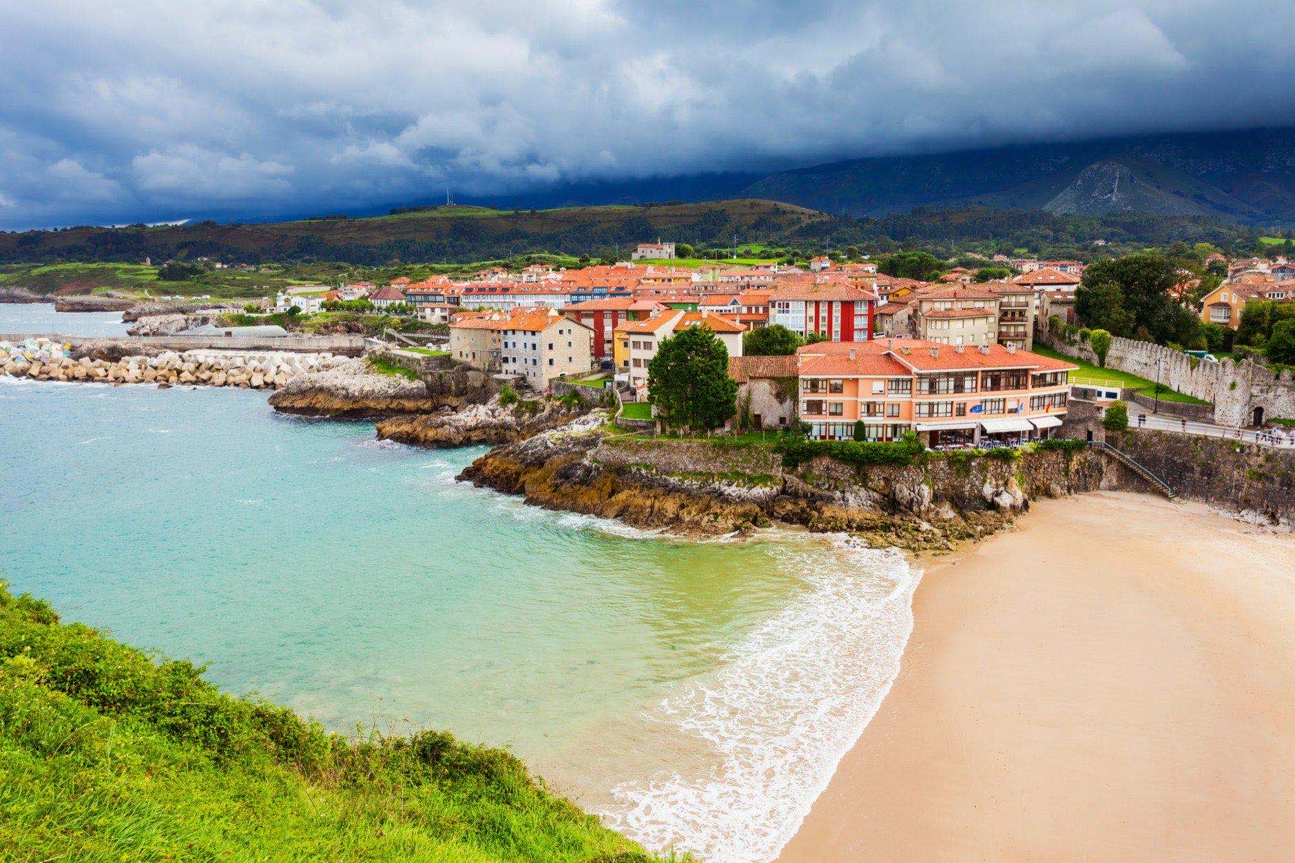 Llanes beach aerial view. Llanes is a municipality of the Asturias province in northern Spain.
