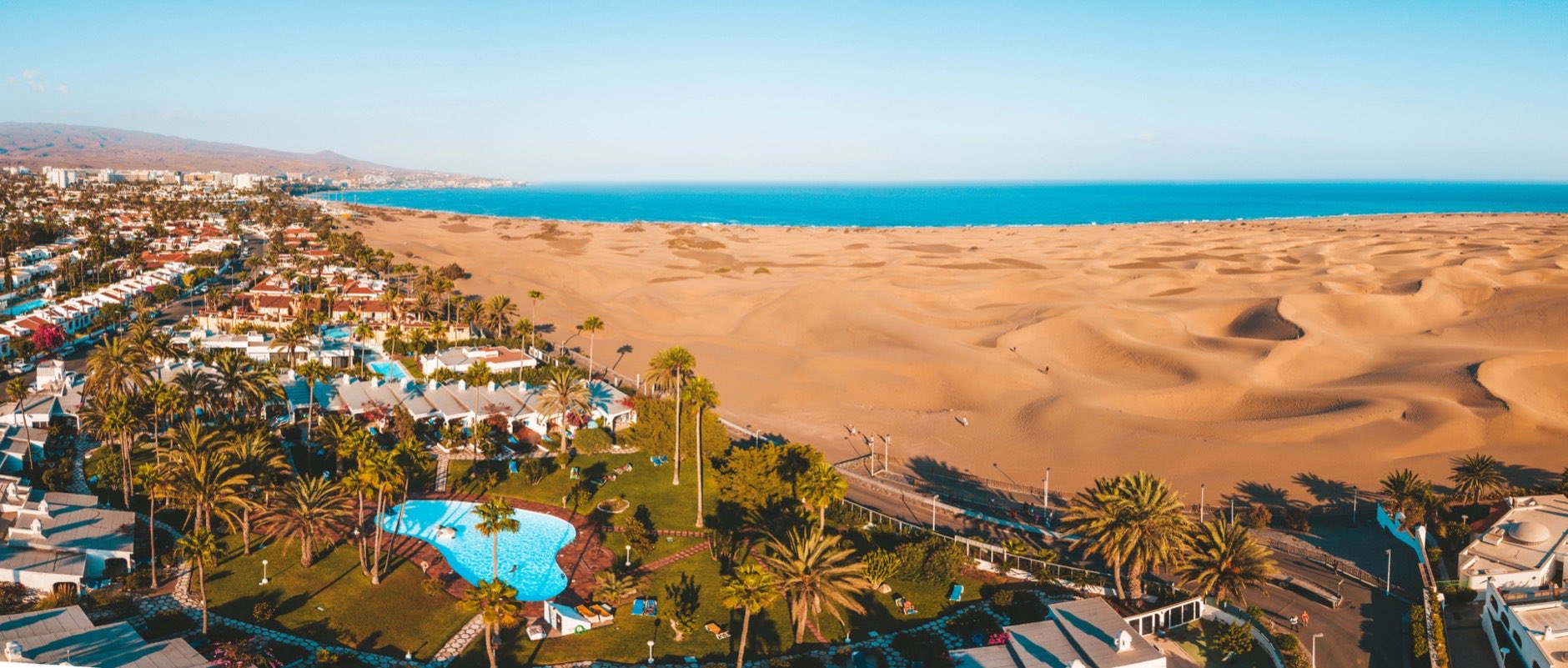 Aerial view of the Maspalomas dunes on the Gran Canaria island. Panoramic view.
