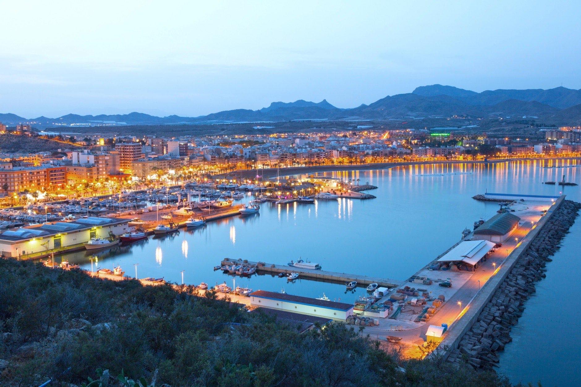 Puerto de Mazarron illuminated at dusk. Province of Murcia, Spain