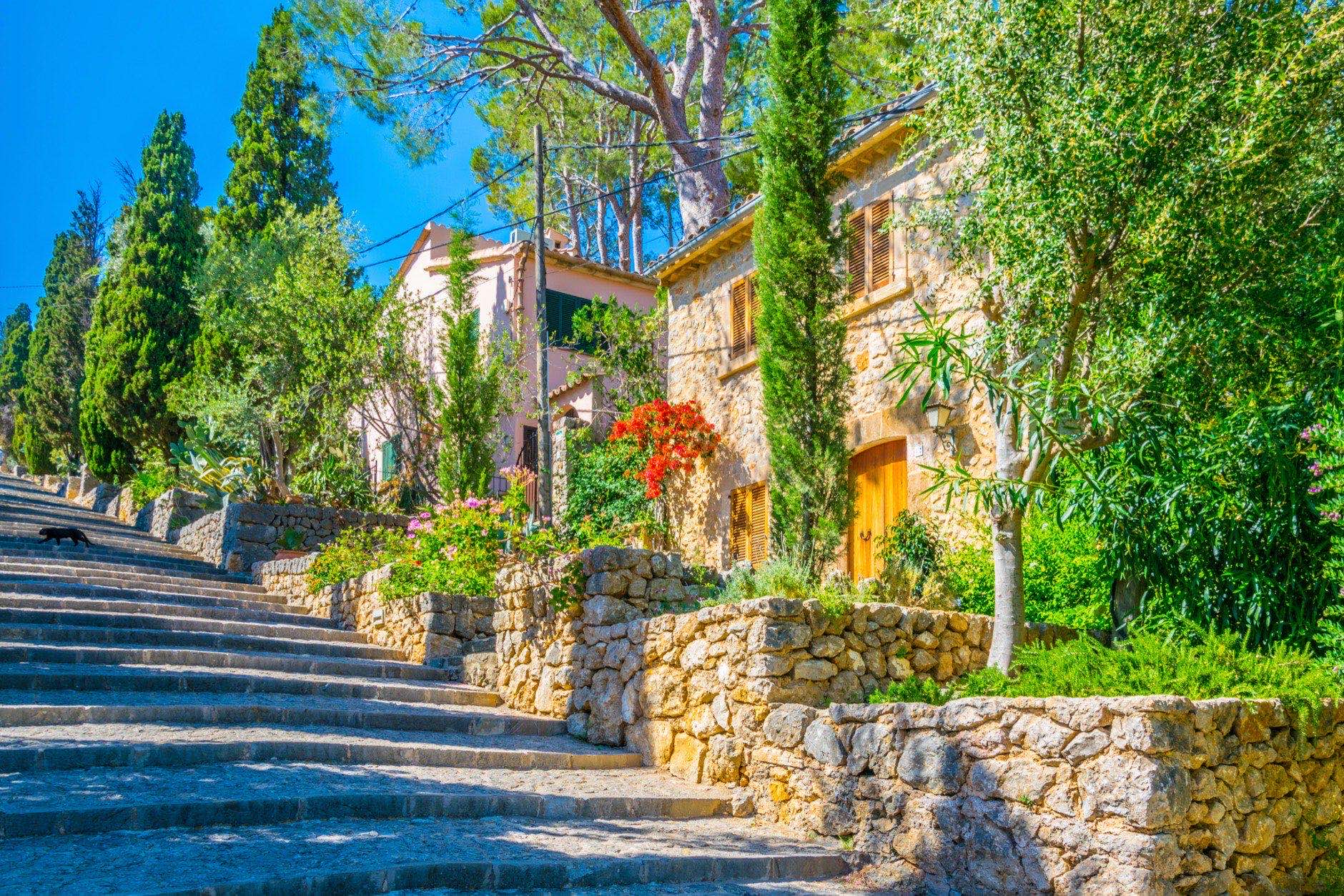 365 steps of Carrer del Calvari stairway leading to the El Calvari chapel at Pollenca, Mallorca, Spai