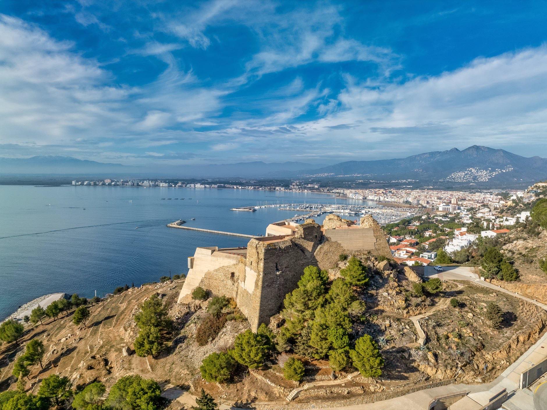 Aerial view of Trinity Fort fortified gun platform protecting the Bay of Roses in Spain Costa Brava