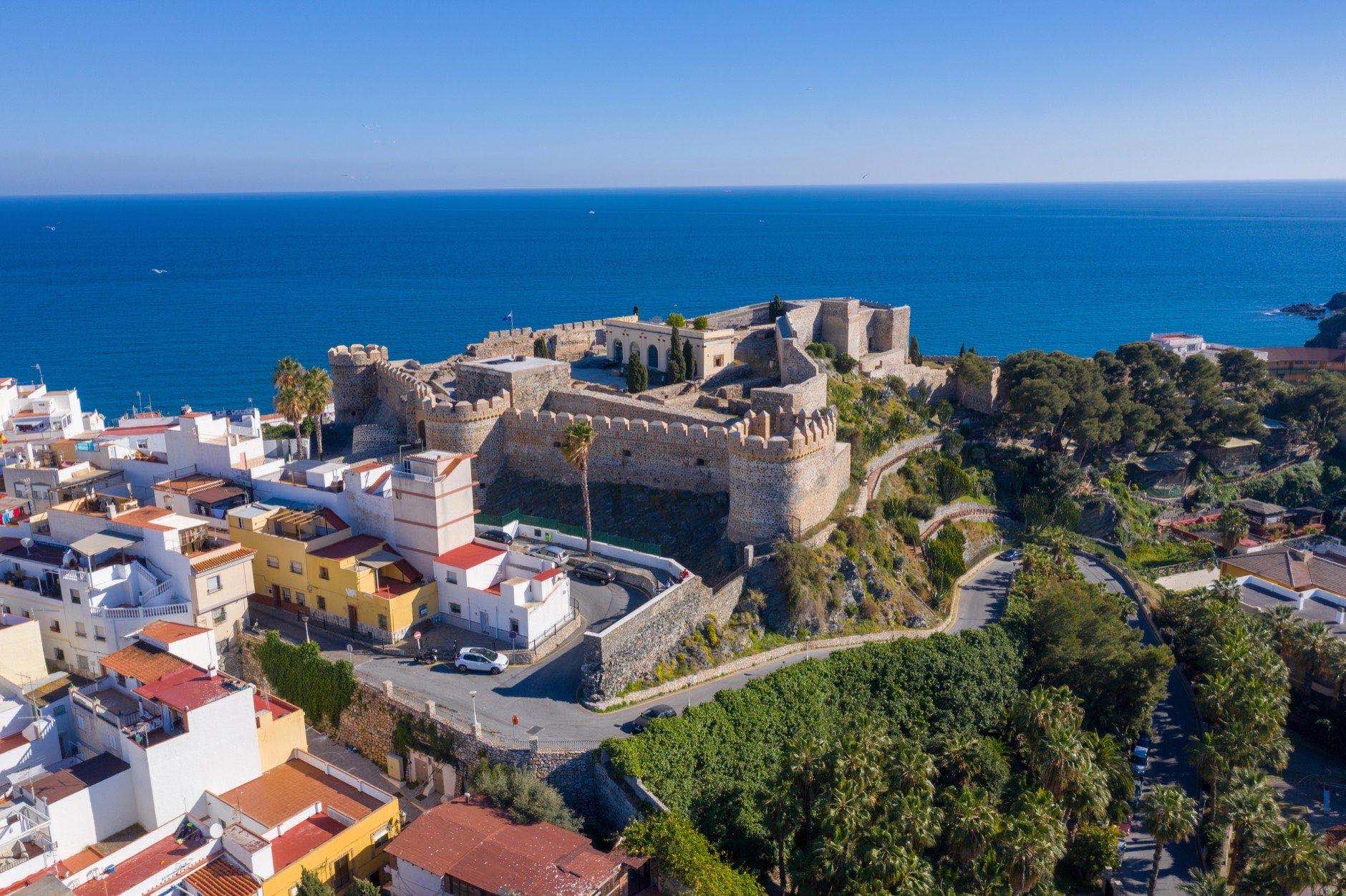 Salobrena castle and hilltop town along the Mediterranean sea in Andalusia Spain aerial panorama