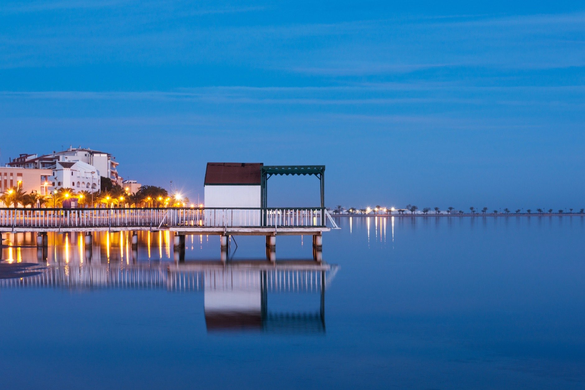 Beach cabin on San Pedro del Pinatar coast, Spain at twilight