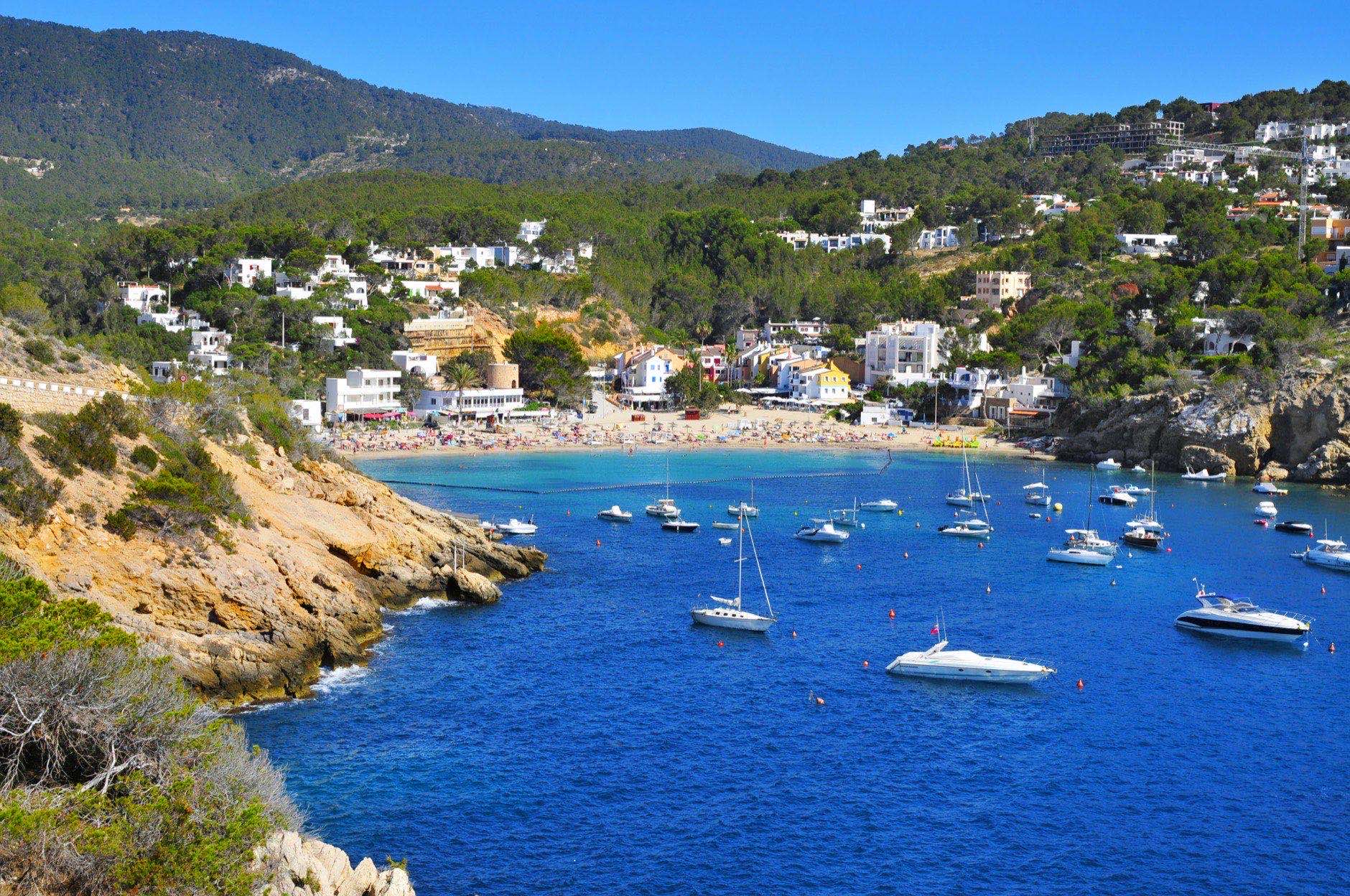 A view of Cala Vedella beach in Sant Josep de Sa Talaia, in Ibiza Island, Balearic Islands, Spain