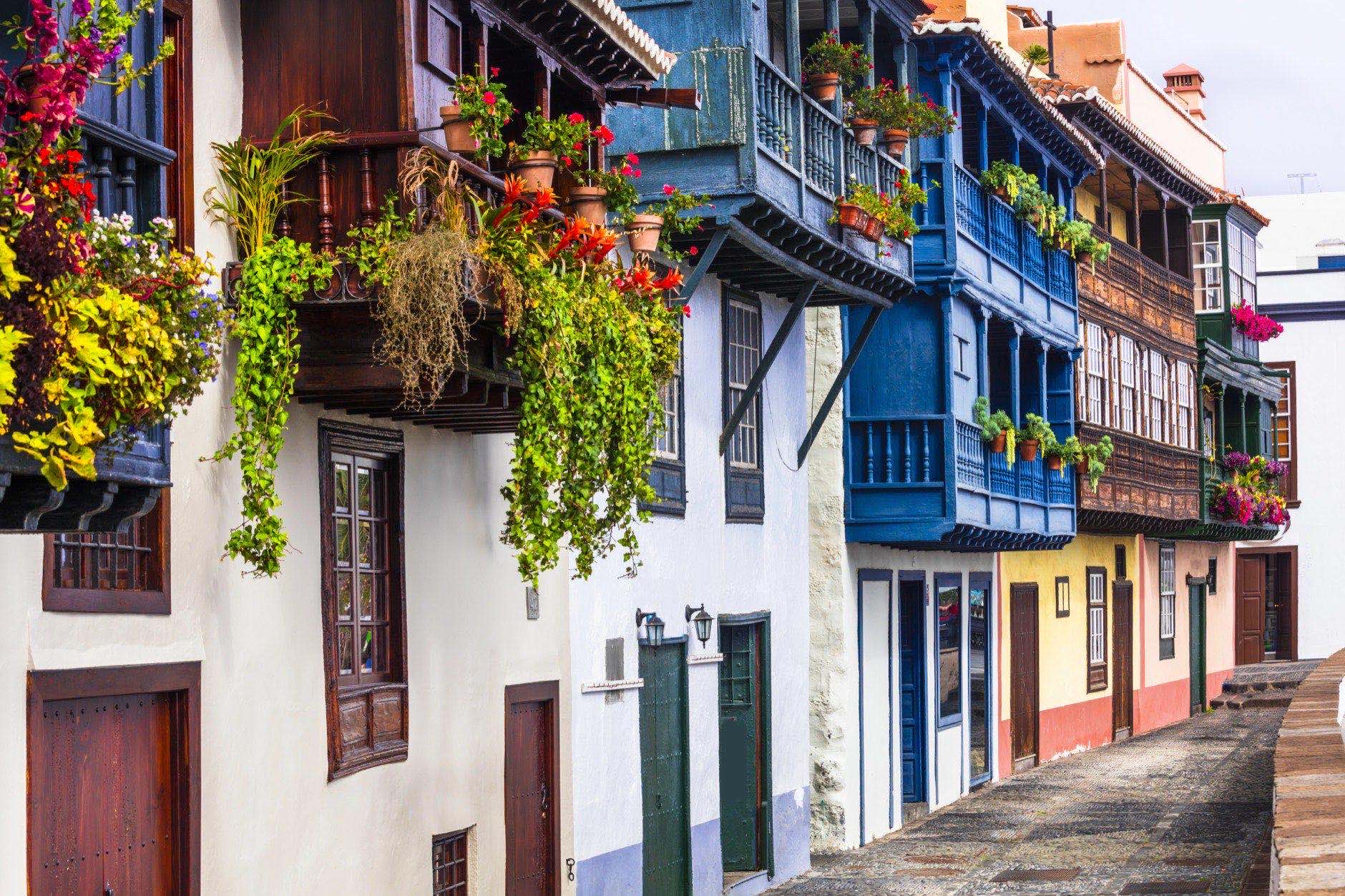 Colorful floral streets with traditional balconies of Santa Cruz de La Palma,Canary island,Spain.