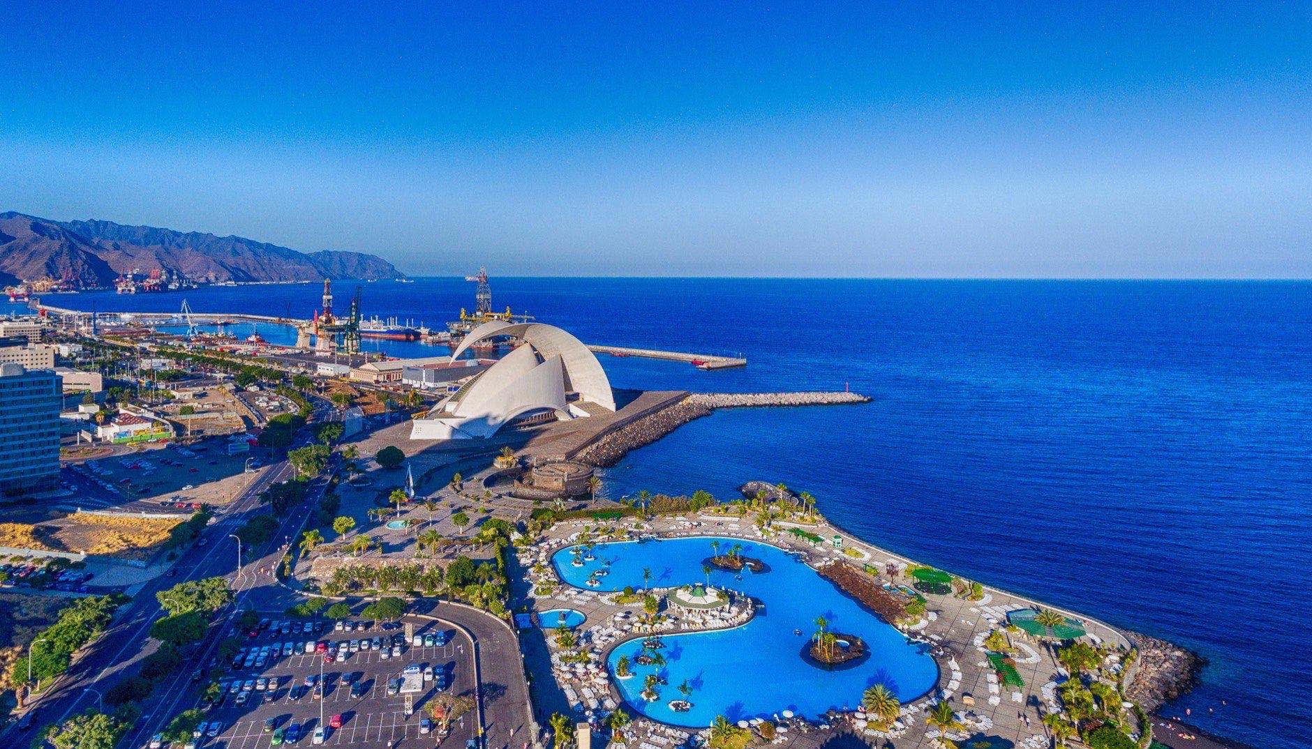 Aerial view of Santa Cruz de Tenerife skyline along the coast, Canary Islands, Spain.