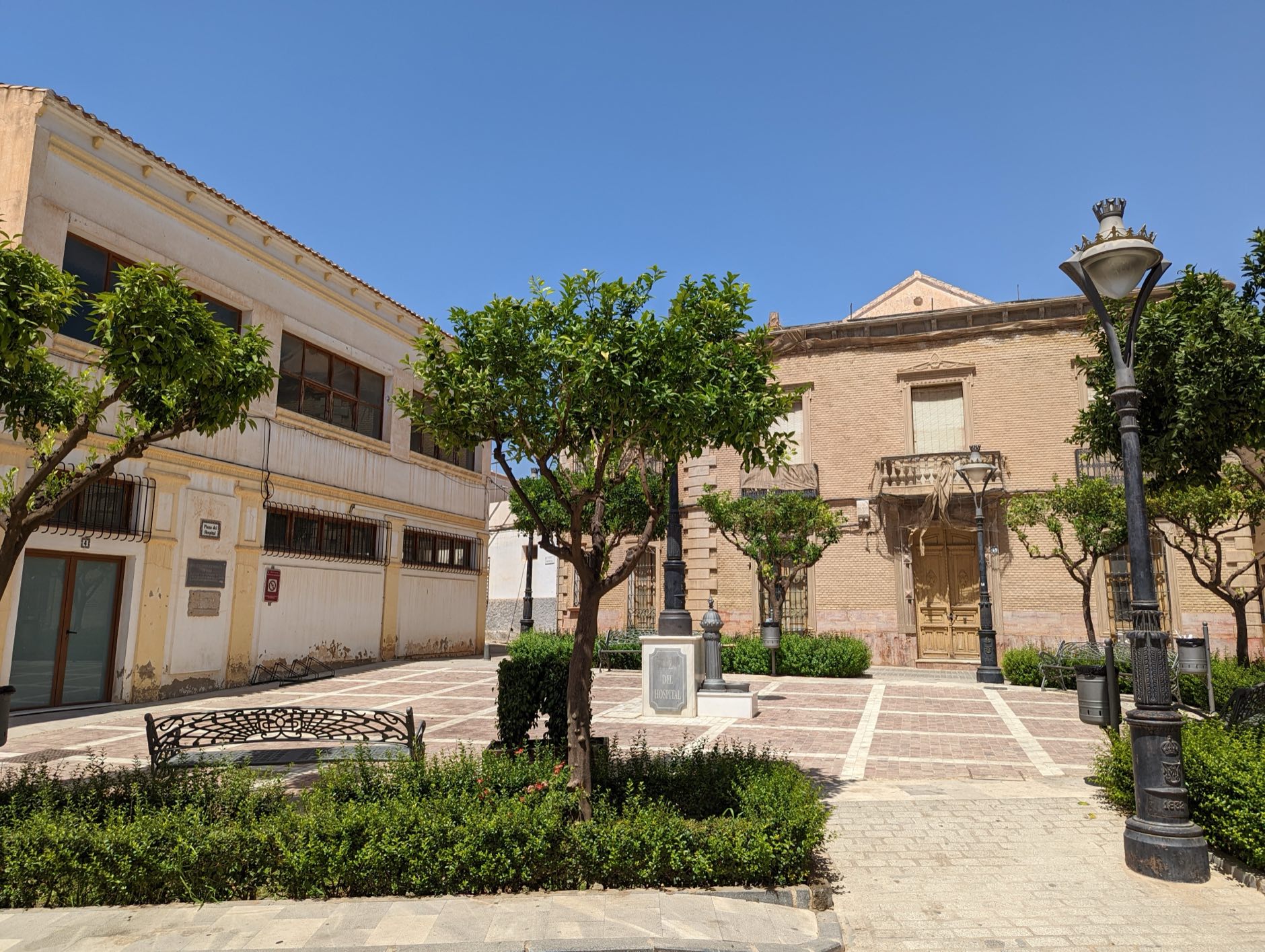 Tree-lined square in the old town of Vera, Almería, Spain
